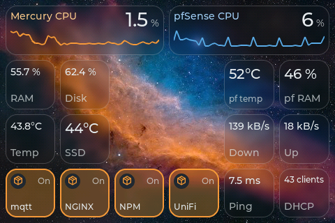 TouchDeck home lab page with Proxmox and pfSense readings from Home Assistant